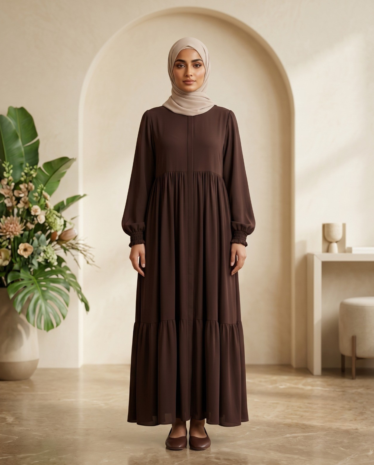 Chocolate Brown Tiered-Maxi Abaya