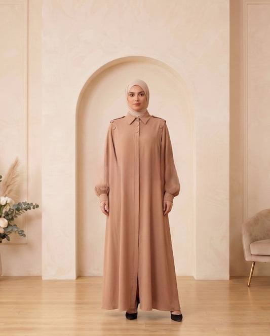 Classic Beige Collared Button-Down Georgette Abaya