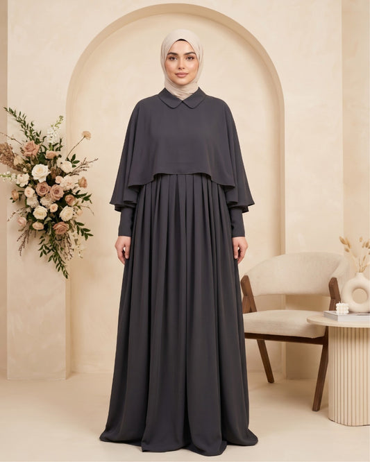 Elegant Pleated Cape Abaya – Charcoal Georgette