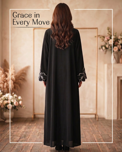 Premium Midnight Black Georgette Open Abaya Featuring Exquisite Floral Cut-Work Embroidery and Contrast Detailing