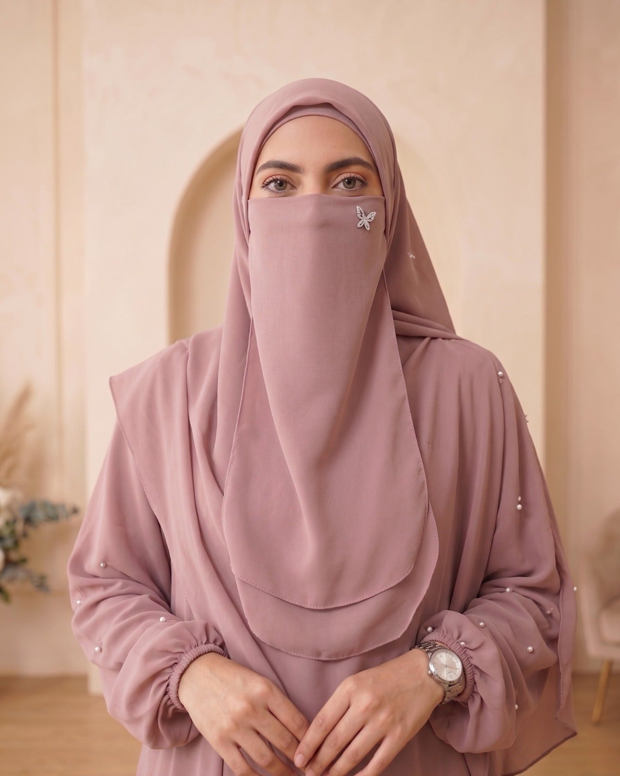 Elegant Dusty Mauve Georgette Abaya Set with Layered Khimar, Matching Niqab, and Pearl Accents
