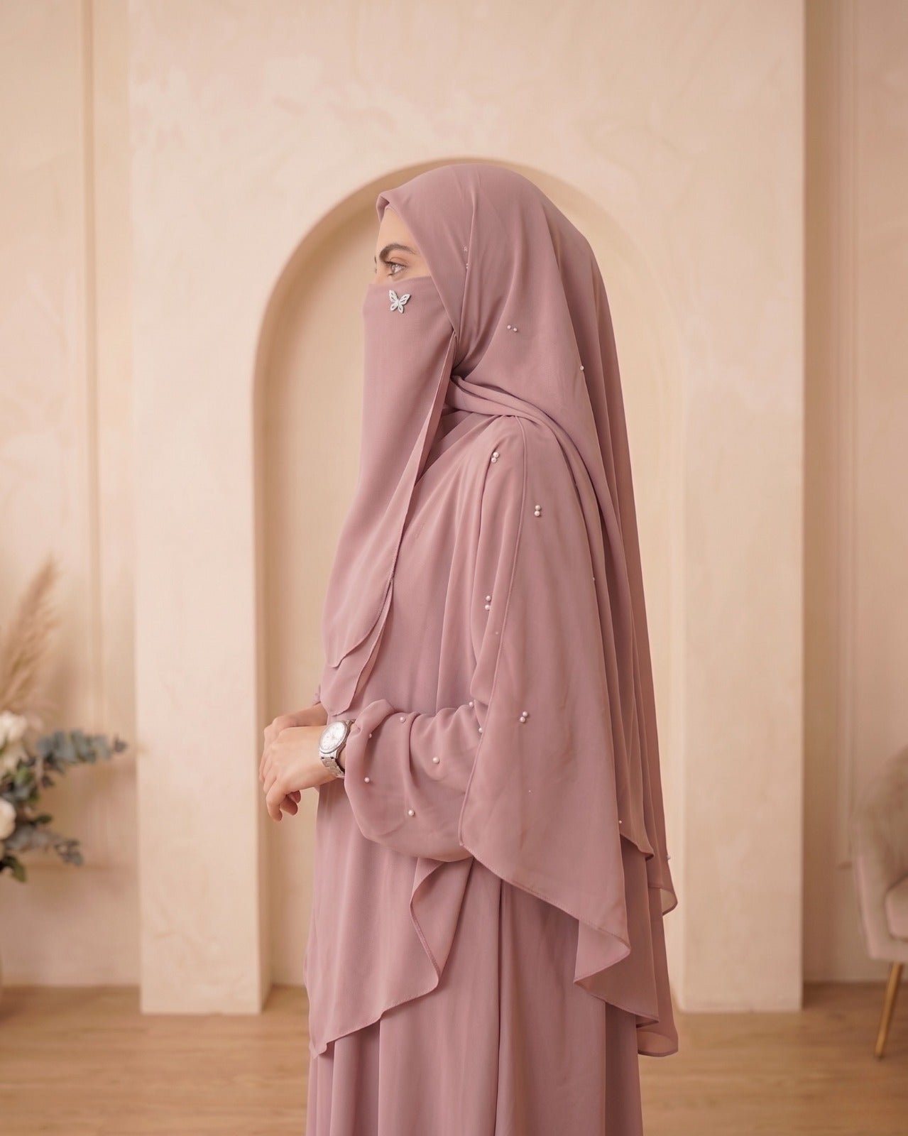 Elegant Dusty Mauve Georgette Abaya Set with Layered Khimar, Matching Niqab, and Pearl Accents