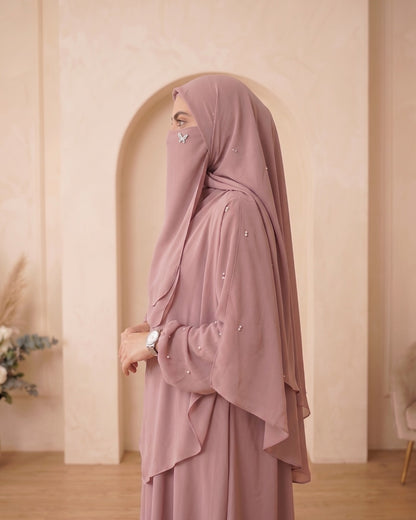 Elegant Dusty Mauve Georgette Abaya Set with Layered Khimar, Matching Niqab, and Pearl Accents