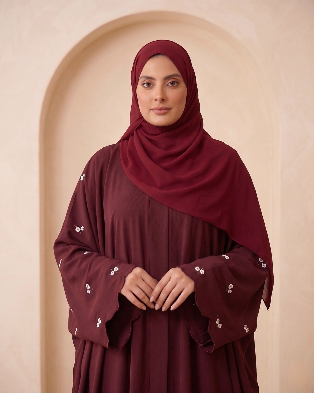Elegant Georgette Layered Abaya with Matching Hijab – Deep Maroon