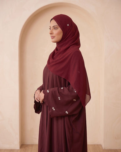 Elegant Georgette Layered Abaya with Matching Hijab – Deep Maroon