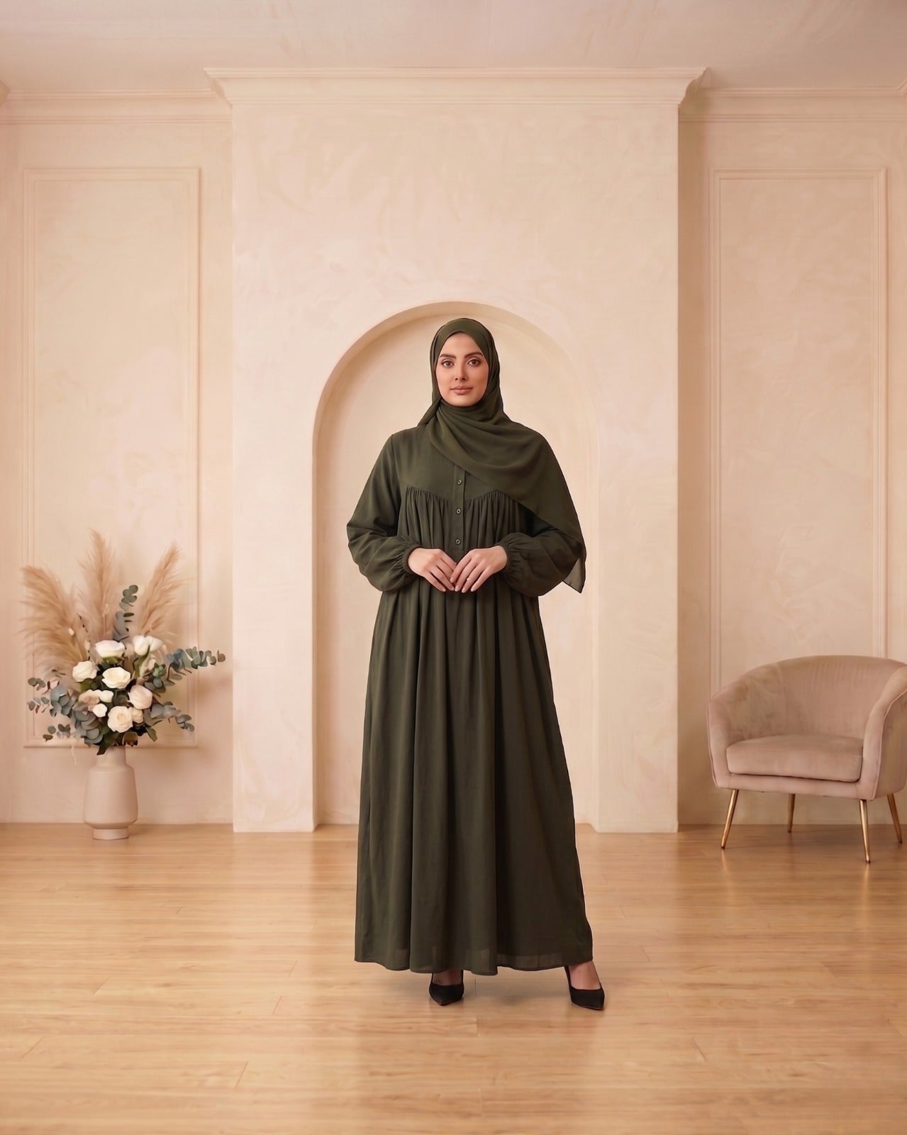 Elegant Olive Green Georgette Maxi Dress with Front Buttons and Matching Hijab