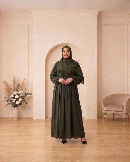 Elegant Olive Green Georgette Maxi Dress with Front Buttons and Matching Hijab