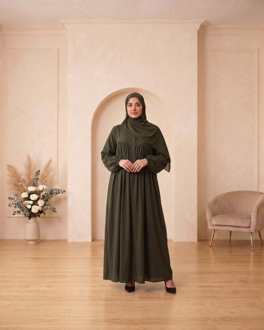 Elegant Olive Green Georgette Maxi Dress with Front Buttons and Matching Hijab