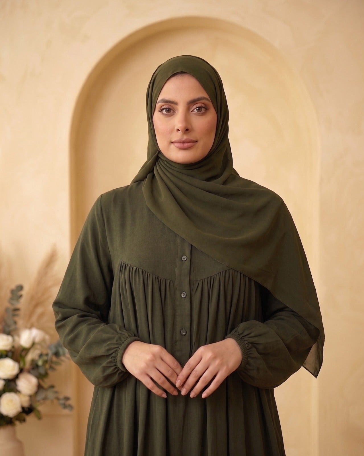 Elegant Olive Green Georgette Maxi Dress with Front Buttons and Matching Hijab