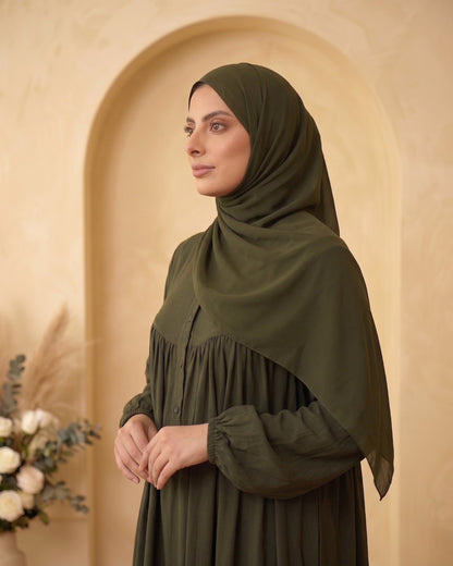 Elegant Olive Green Georgette Maxi Dress with Front Buttons and Matching Hijab