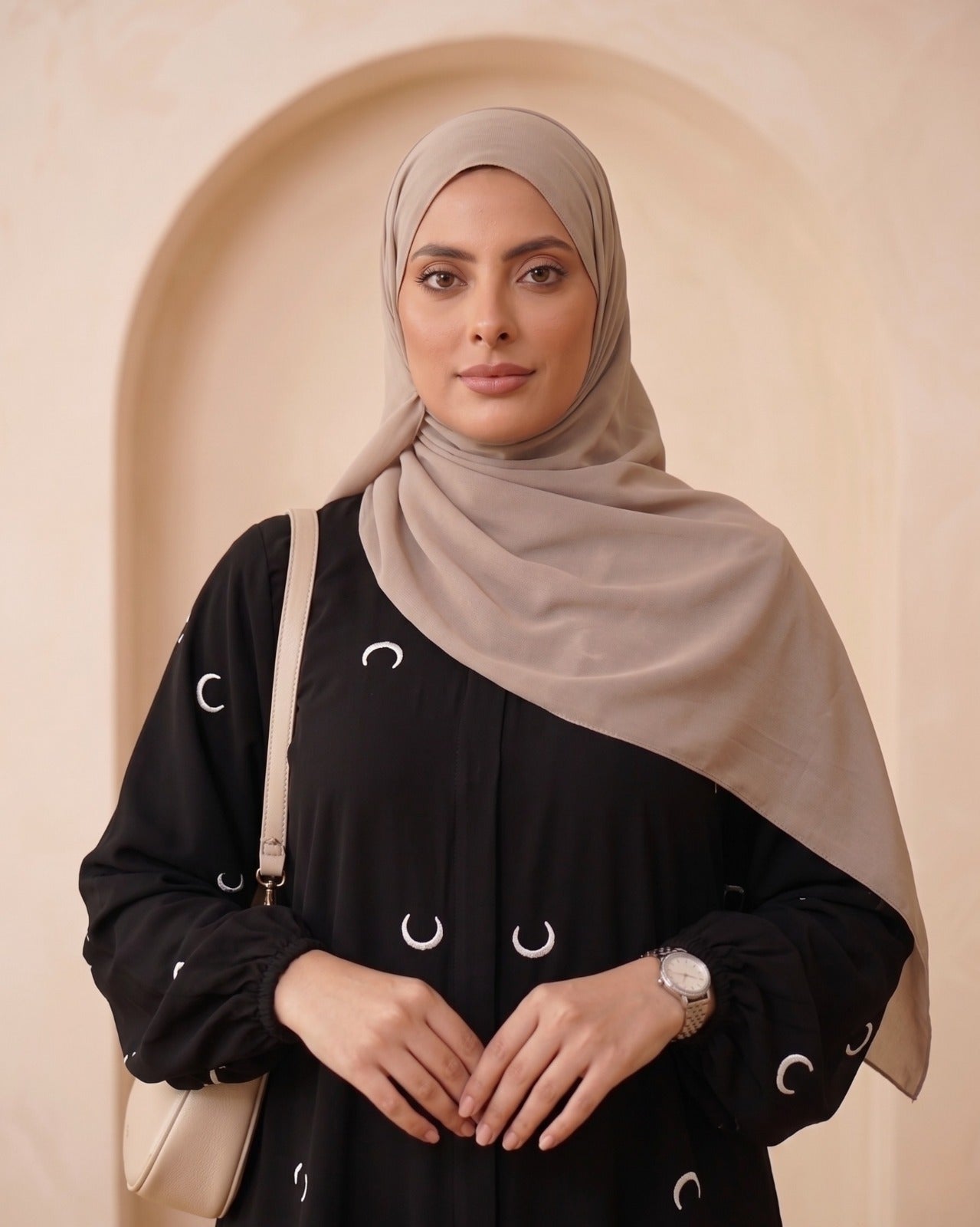 Elegant Black Georgette Abaya with C-Shaped Crescent Motif Detailing