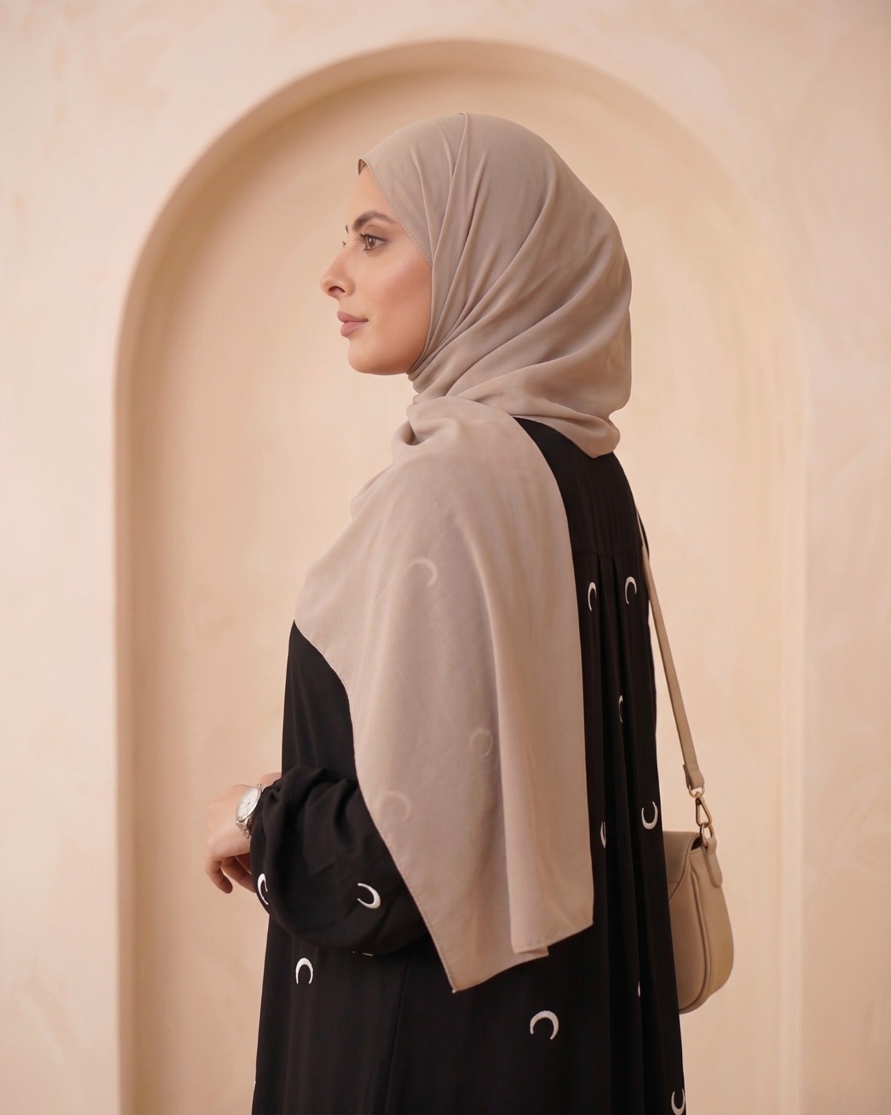 Elegant Black Georgette Abaya with C-Shaped Crescent Motif Detailing
