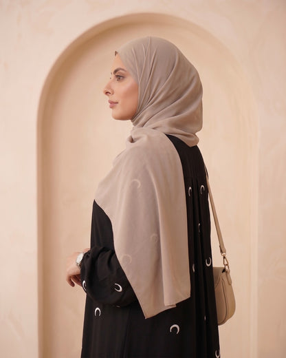 Elegant Black Georgette Abaya with C-Shaped Crescent Motif Detailing