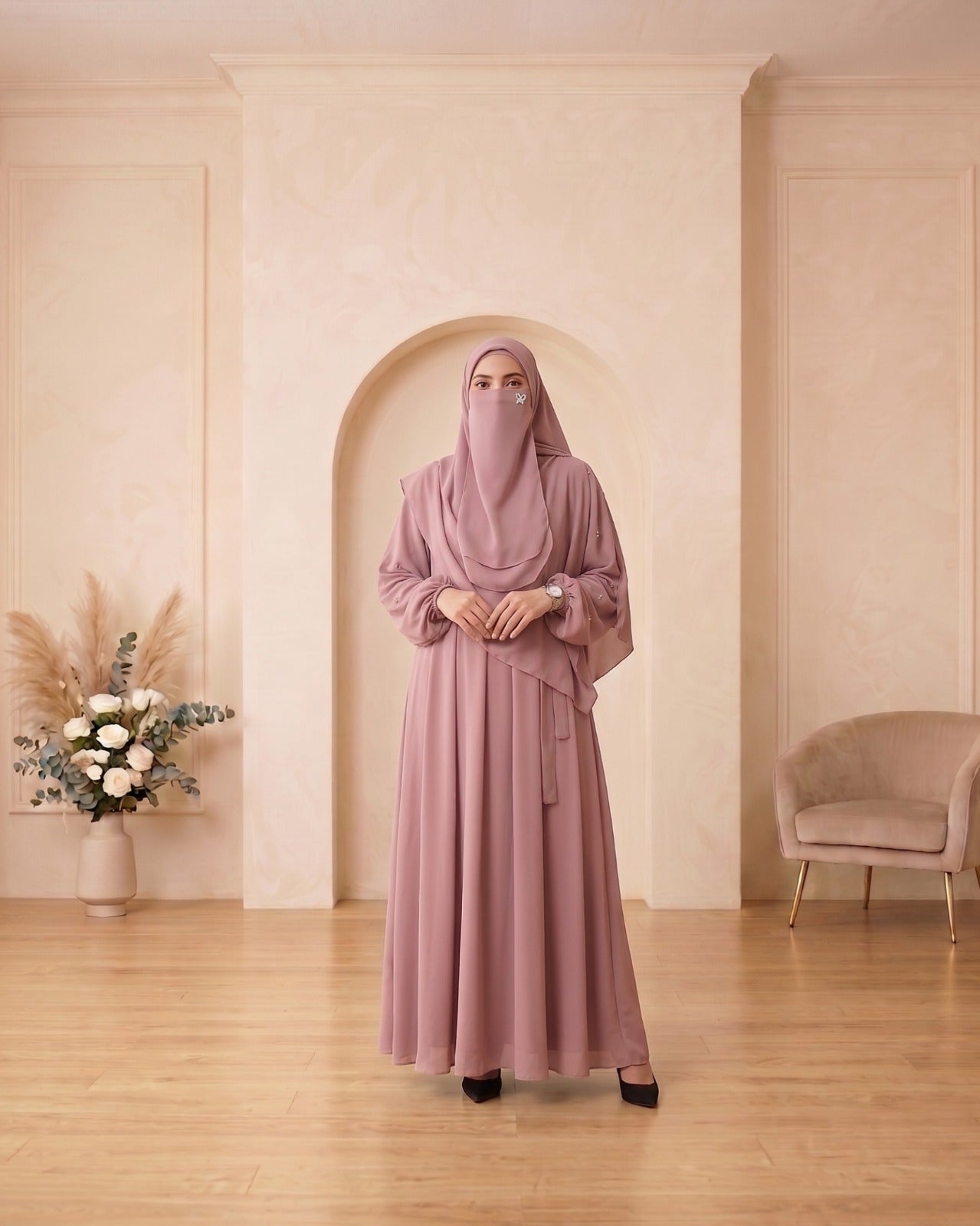 Elegant Dusty Mauve Georgette Abaya Set with Layered Khimar, Matching Niqab, and Pearl Accents