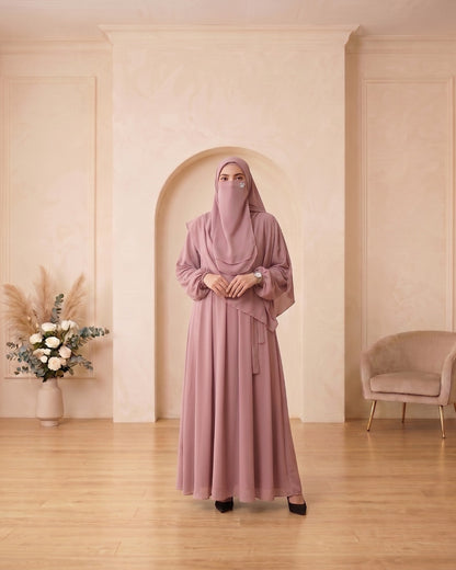Elegant Dusty Mauve Georgette Abaya Set with Layered Khimar, Matching Niqab, and Pearl Accents