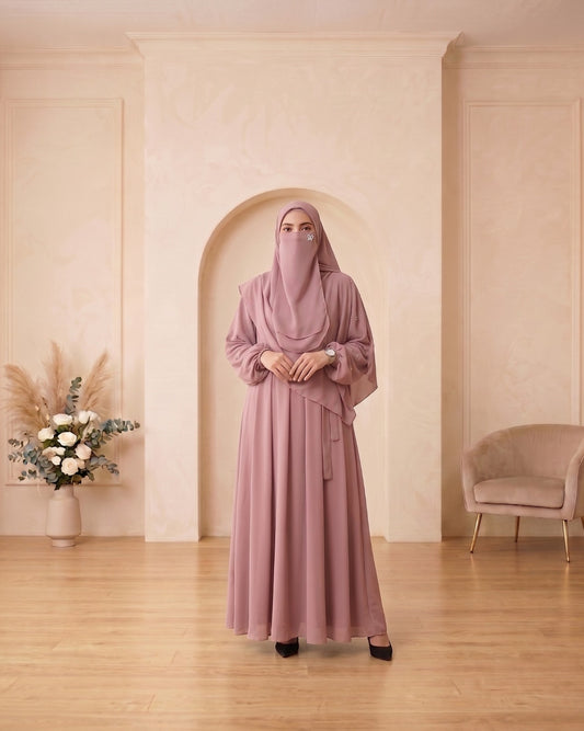 Elegant Dusty Mauve Georgette Abaya Set with Layered Khimar, Matching Niqab, and Pearl Accents