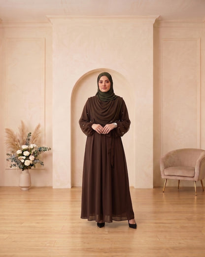 Elegant Chocolate Brown Georgette Abaya with Delicate Pearl Accents and Olive Green Hijab