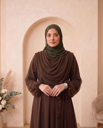 Elegant Chocolate Brown Georgette Abaya with Delicate Pearl Accents and Olive Green Hijab