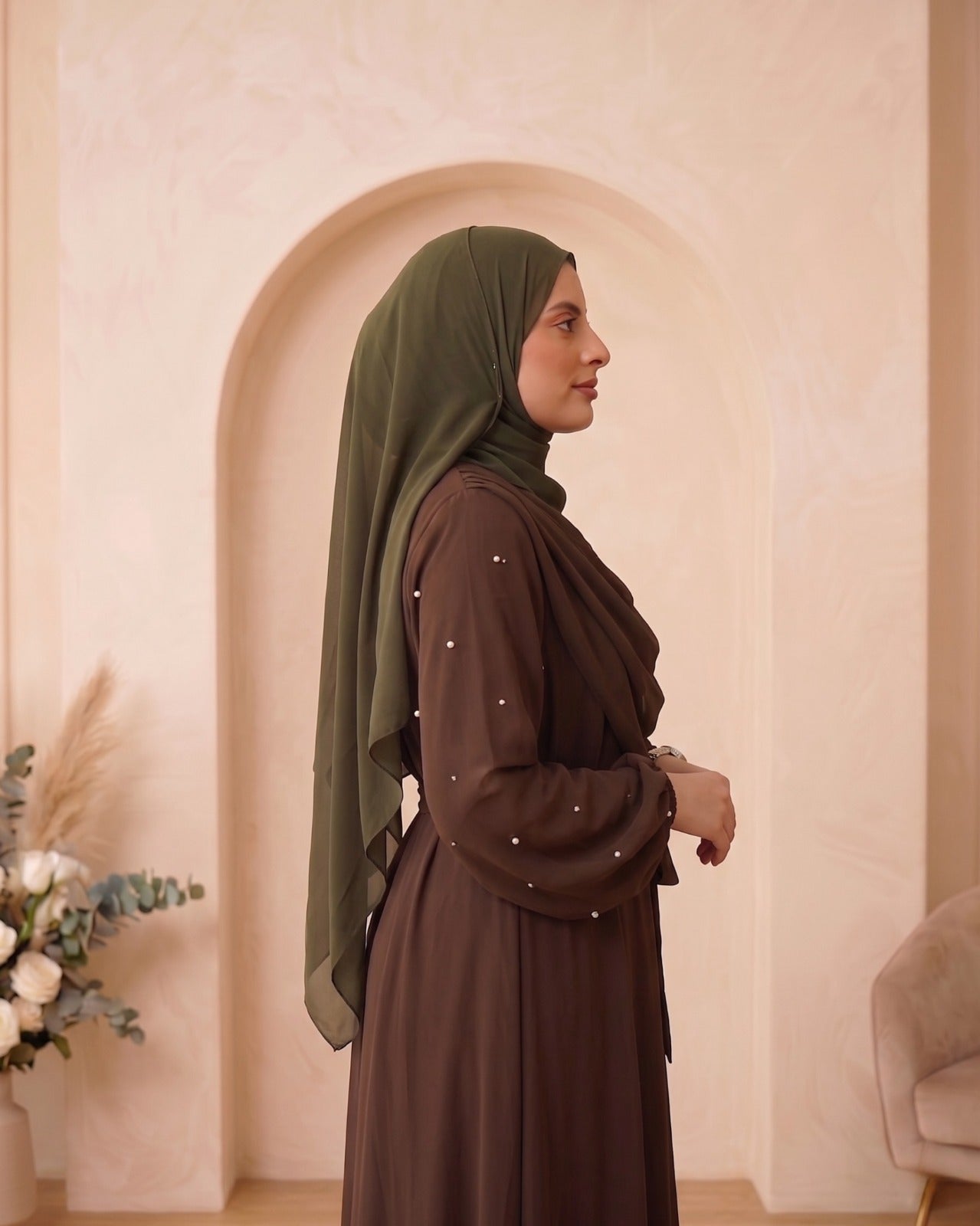 Elegant Chocolate Brown Georgette Abaya with Delicate Pearl Accents and Olive Green Hijab