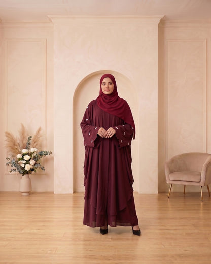 Elegant Georgette Layered Abaya with Matching Hijab – Deep Maroon