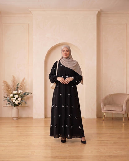 Elegant Black Georgette Abaya with C-Shaped Crescent Motif Detailing