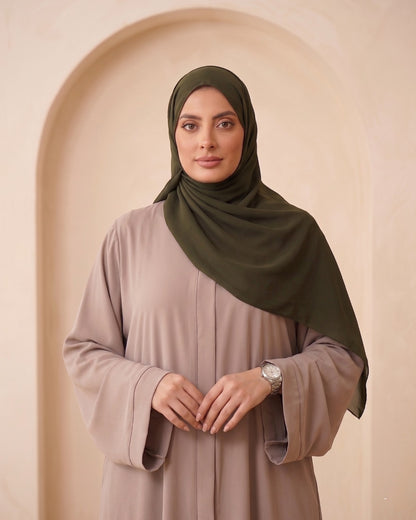 Elegant Minimalist Taupe Georgette Abaya with Contrasting Olive Green Hijab