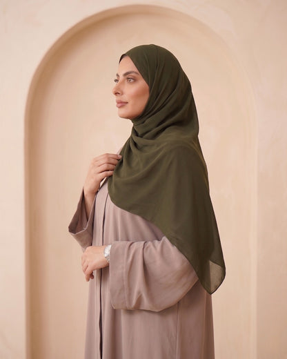Elegant Minimalist Taupe Georgette Abaya with Contrasting Olive Green Hijab