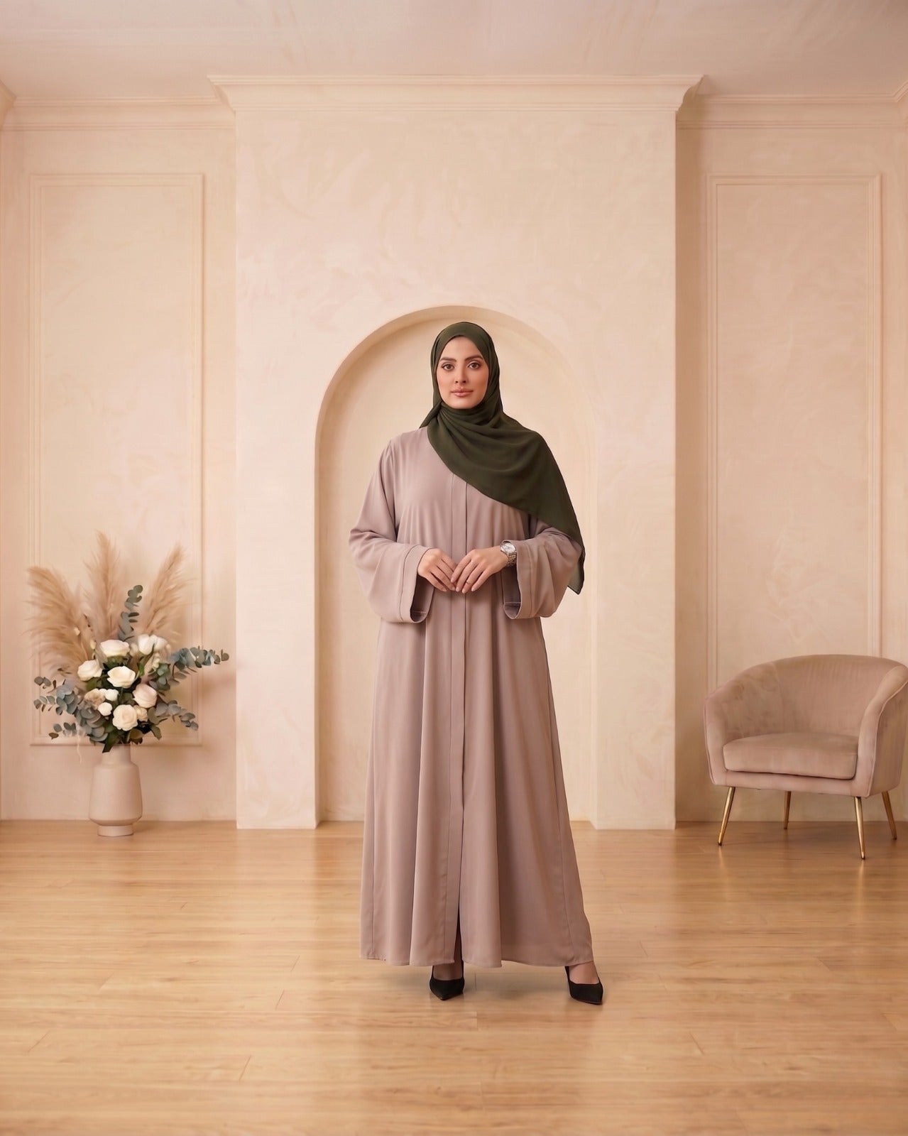 Elegant Minimalist Taupe Georgette Abaya with Contrasting Olive Green Hijab