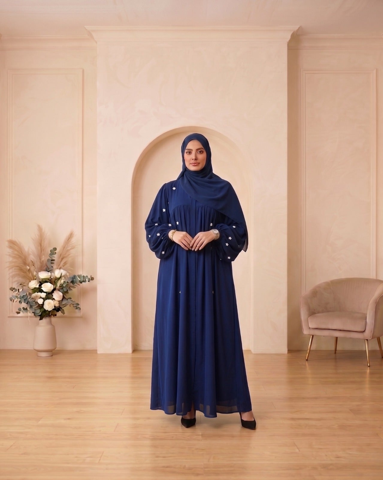 Elegant Navy Blue Georgette Abaya with Pearl-Embellished Sleeves and Matching Hijab
