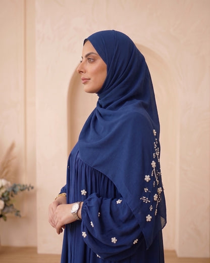 Elegant Navy Blue Georgette Abaya with Pearl-Embellished Sleeves and Matching Hijab