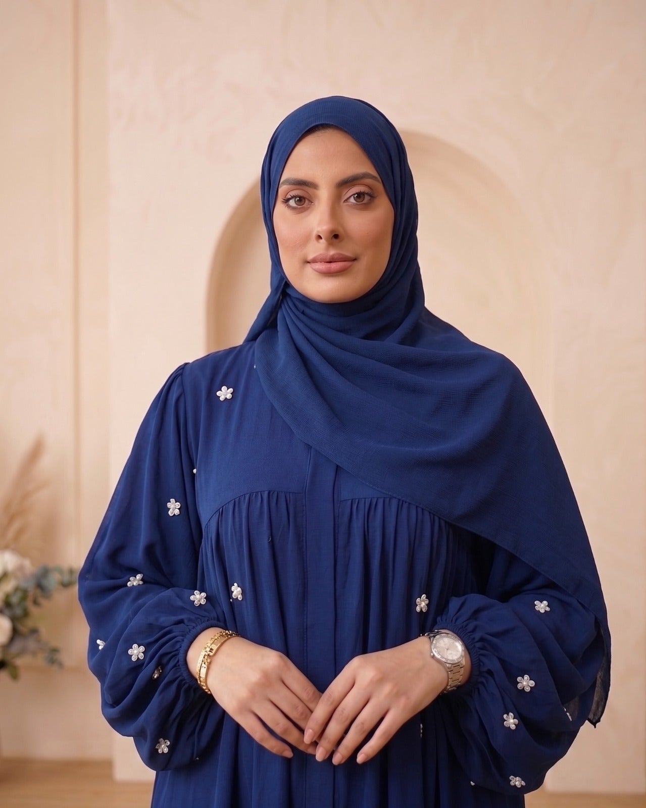 Elegant Navy Blue Georgette Abaya with Pearl-Embellished Sleeves and Matching Hijab