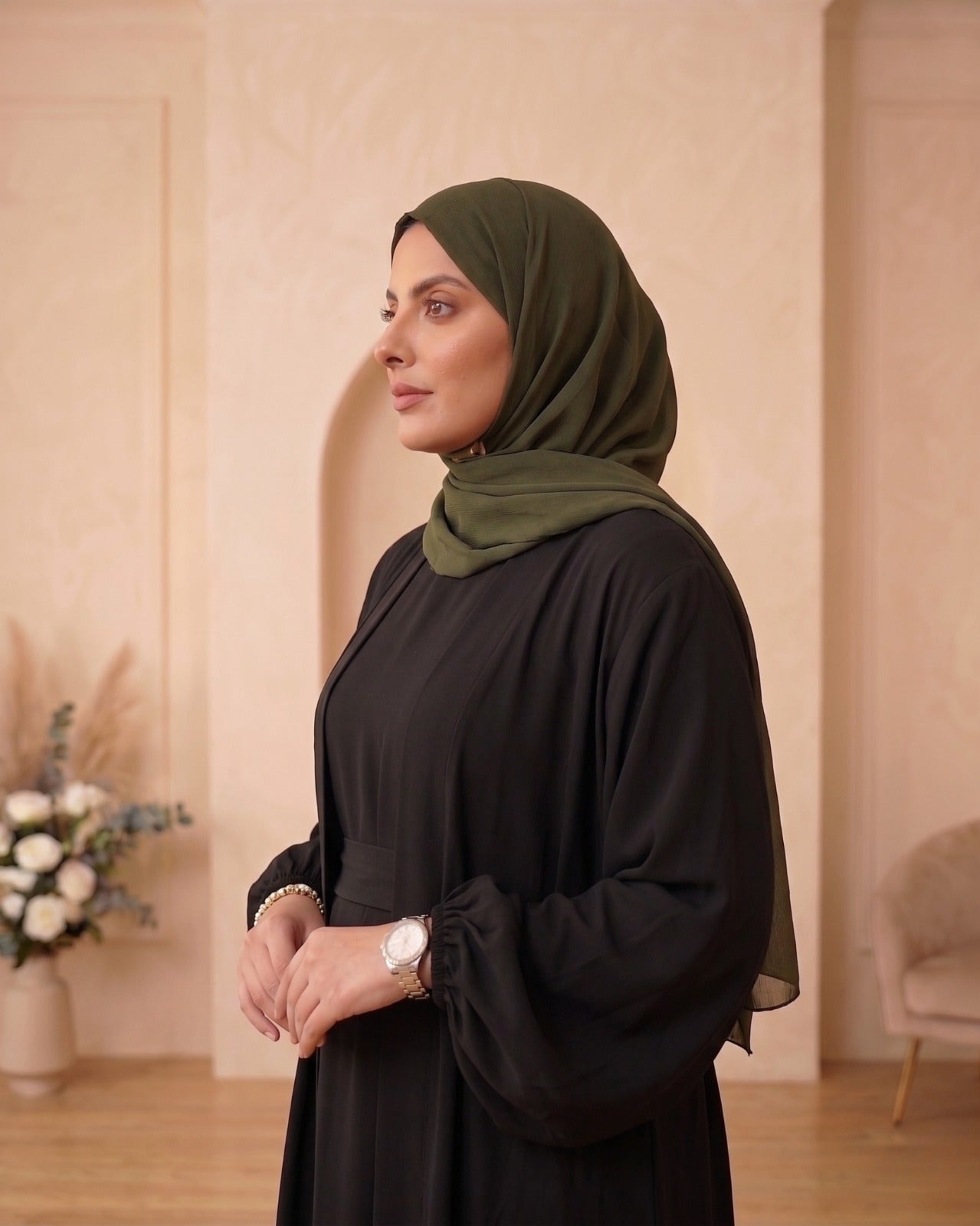 Elegant Classic Black Georgette Abaya with Contrasting Olive Green Hijab