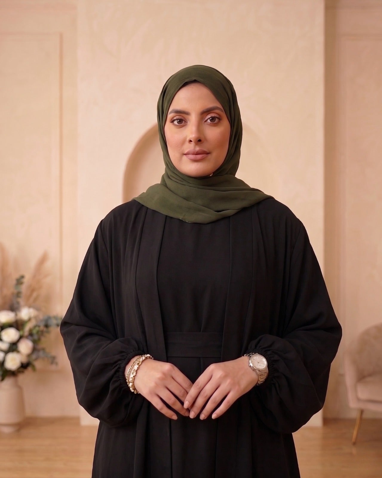 Elegant Classic Black Georgette Abaya with Contrasting Olive Green Hijab