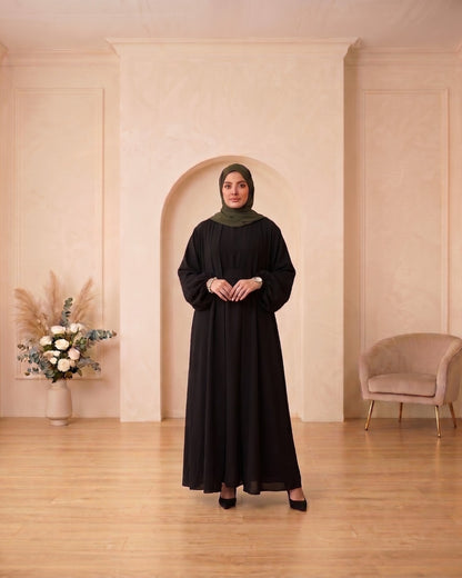 Elegant Classic Black Georgette Abaya with Contrasting Olive Green Hijab