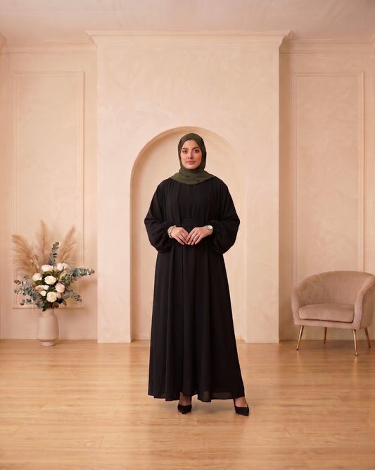 Elegant Classic Black Georgette Abaya with Contrasting Olive Green Hijab