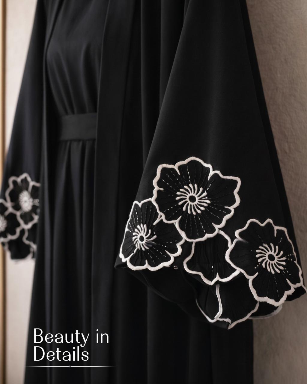 Premium Midnight Black Georgette Open Abaya Featuring Exquisite Floral Cut-Work Embroidery and Contrast Detailing
