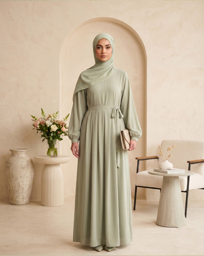 Elegant Sage Green Georgette Abaya with Belt