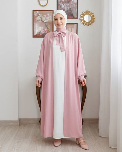 Rose-Pink Tie-Neck Open-Front Abaya Set