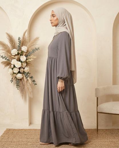 Sophisticated Slate Gray Tiered Georgette Abaya