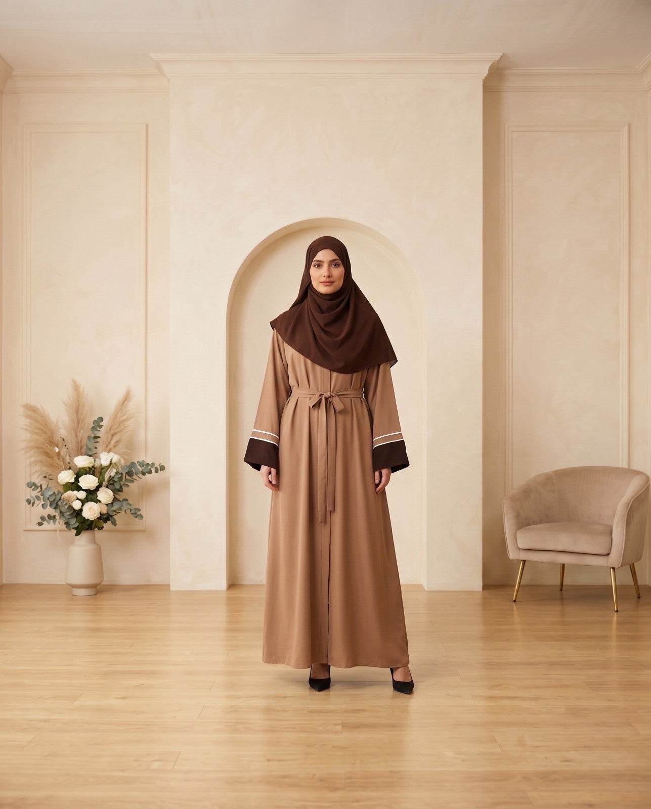 Classic Taupe A-Line Abaya with Contrast Cuffs – Premium Modest Wear