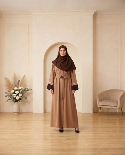 Classic Taupe A-Line Abaya with Contrast Cuffs – Premium Modest Wear