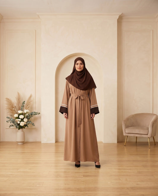 Classic Taupe A-Line Abaya with Contrast Cuffs – Premium Modest Wear