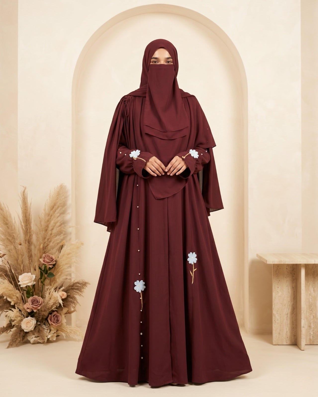 Deep Maroon Floral-Accented Ensemble Abaya