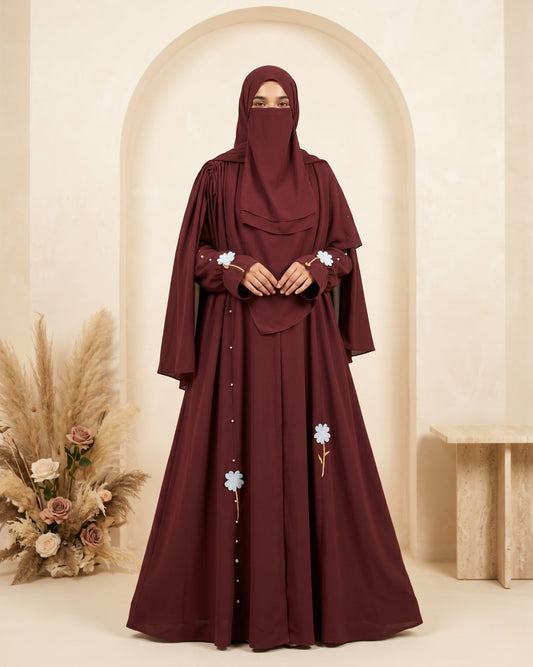 Deep Maroon Floral-Accented Ensemble Abaya