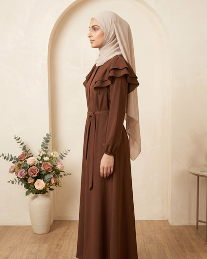 Chocolate Brown Ruffle-Shoulder Maxi Abaya