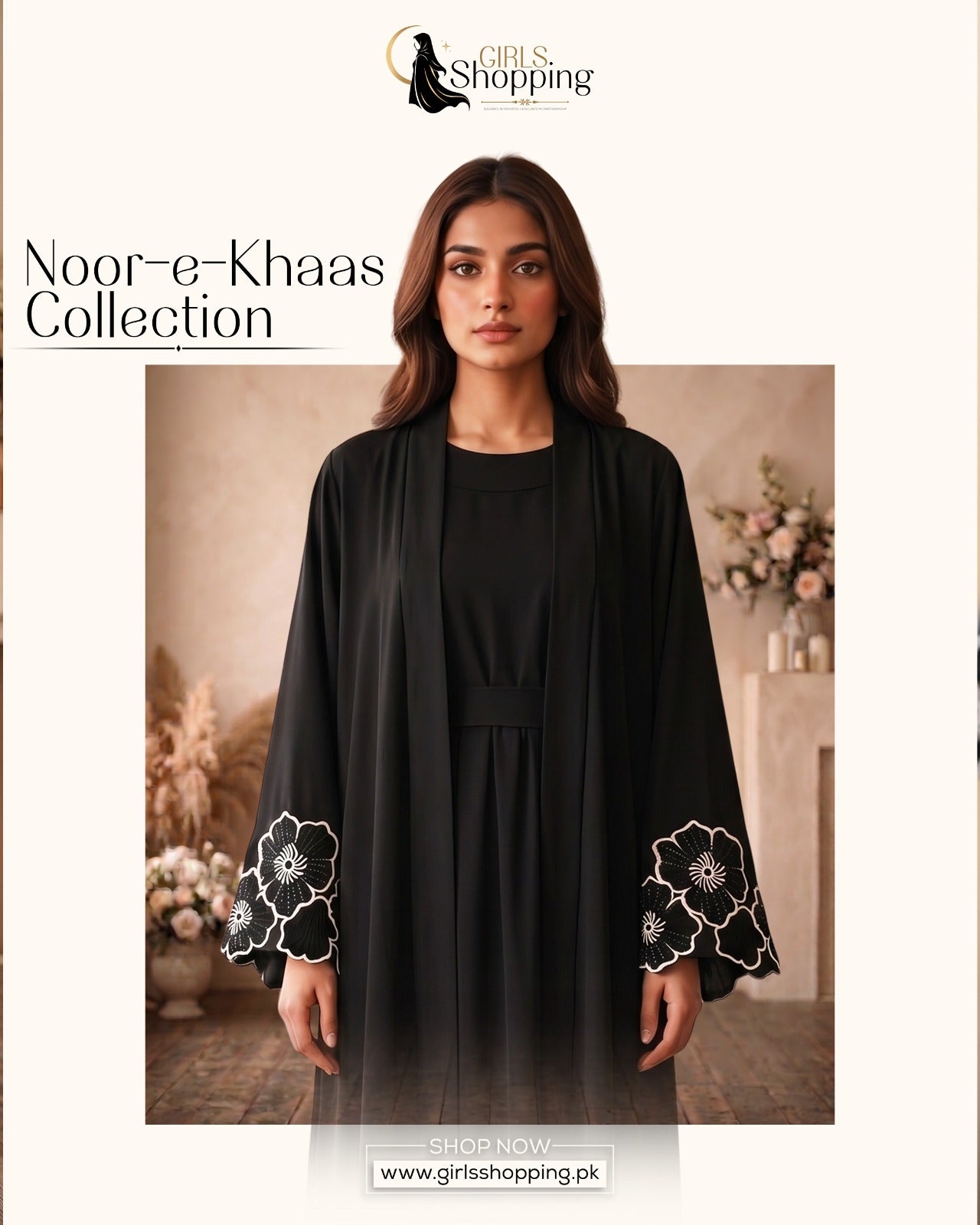 Premium Midnight Black Georgette Open Abaya Featuring Exquisite Floral Cut-Work Embroidery and Contrast Detailing