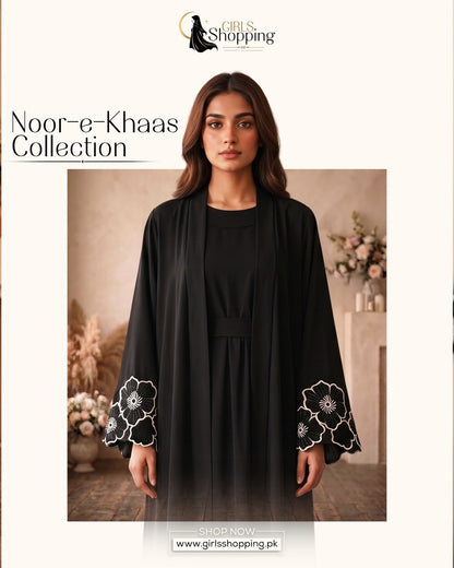 Premium Midnight Black Georgette Open Abaya Featuring Exquisite Floral Cut-Work Embroidery and Contrast Detailing