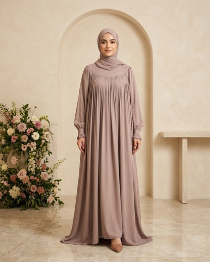 Graceful Dusty Mauve Pleated Georgette Abaya
