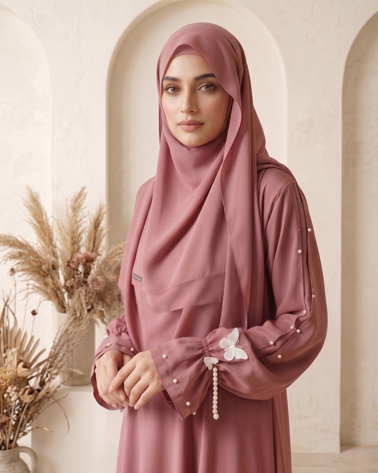 Dusty Rose Pleated-Sleeve Elegant Abaya