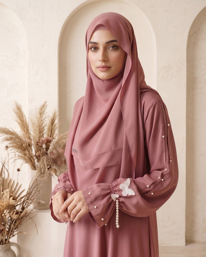 Dusty Rose Pleated-Sleeve Elegant Abaya